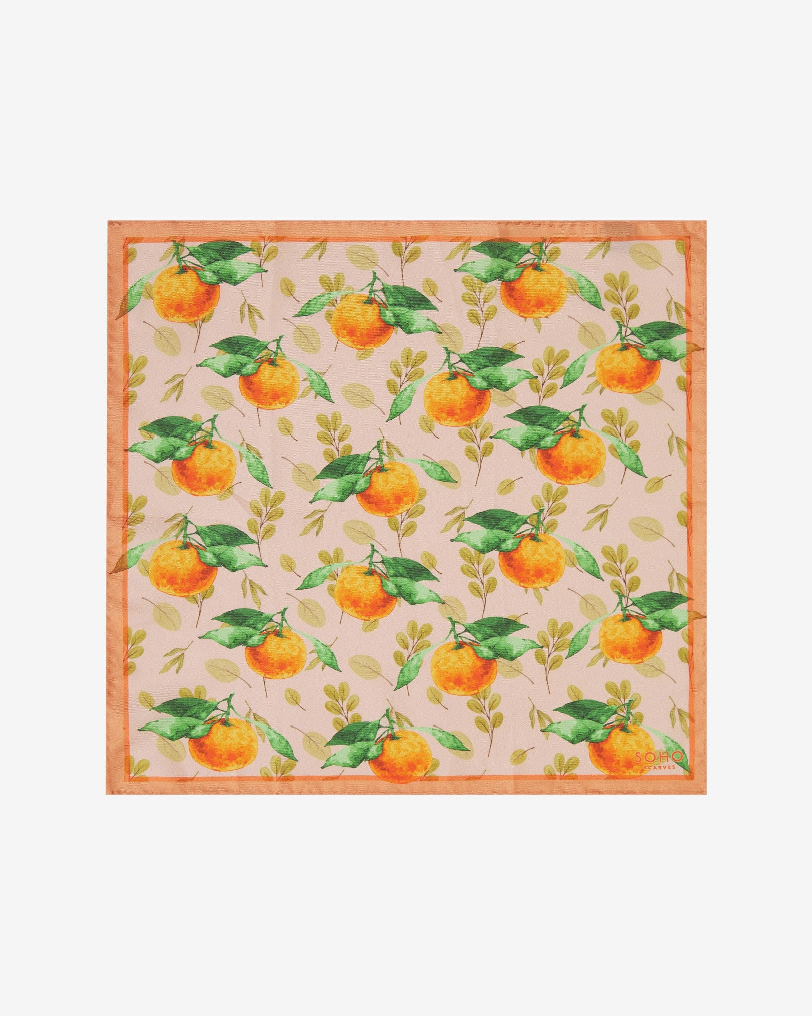 Fully unfolded 'Aire' silk pocket square, showing the classic mandarin orange motif, framed with a peach-coloured border.