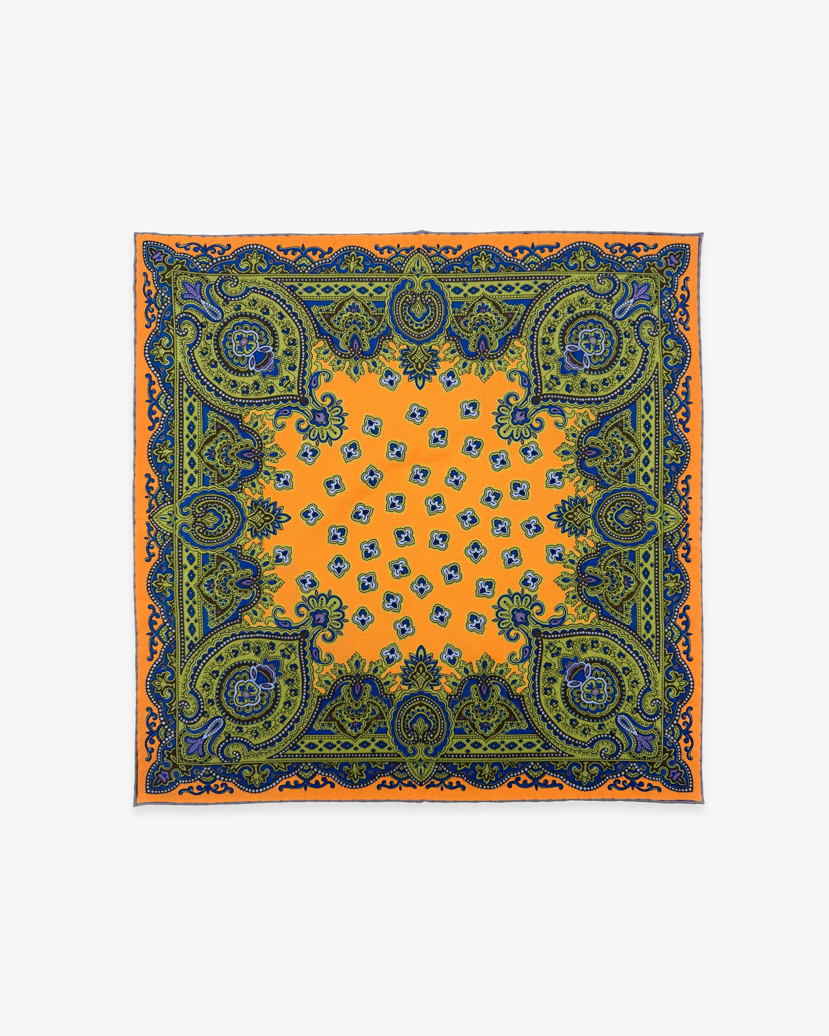 Fully unfolded 'Ambleside' English madder silk pocket square, showing the exquisitely ornate orange, green and blue design.