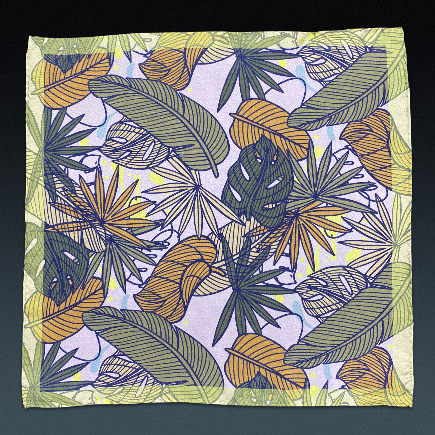 Fully unfolded 'Avon' silk pocket square, showing the stylised leaf montage in various shades of green and yellow, framed with a lime border.