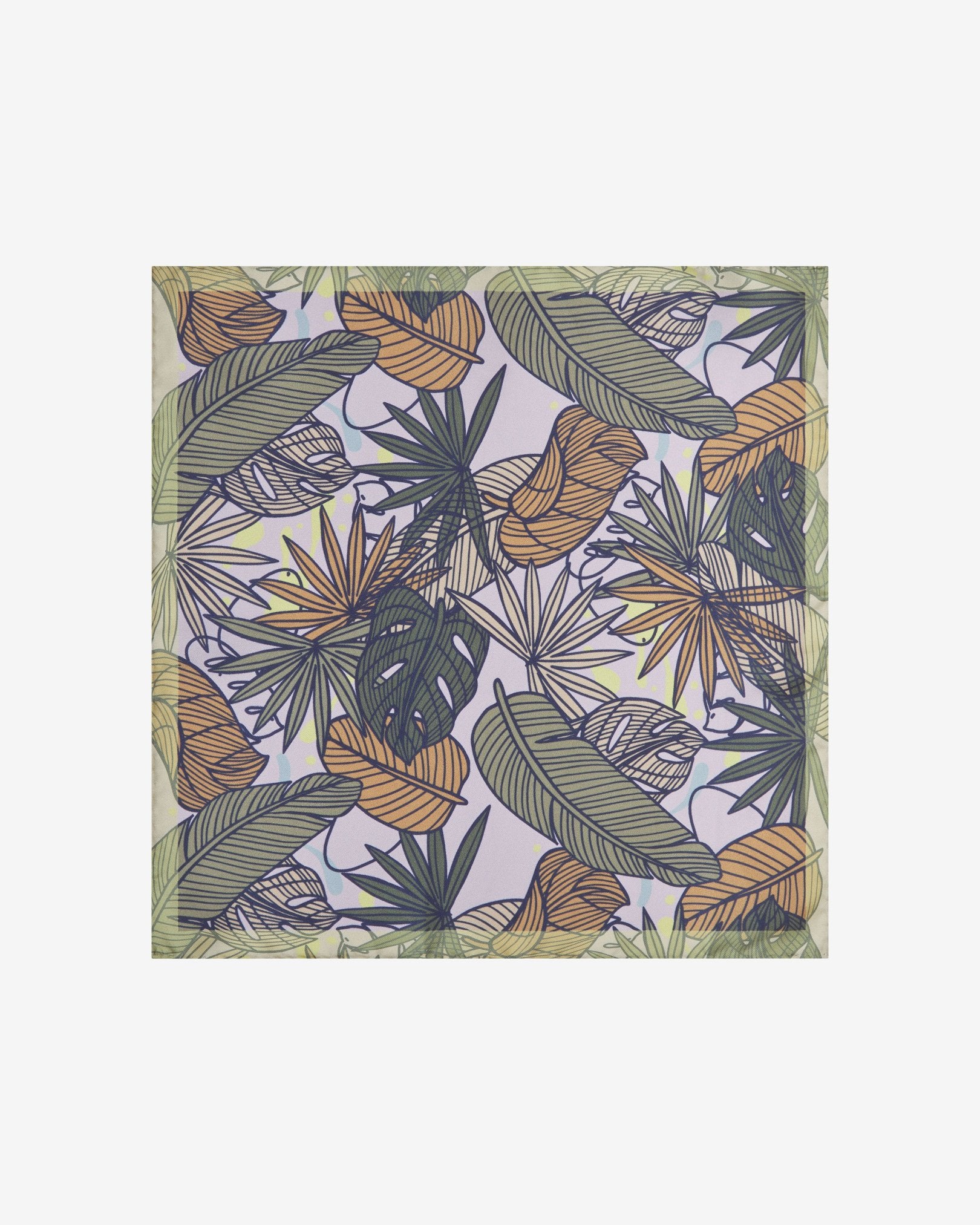 Fully unfolded 'Avon' silk pocket square, showing the stylised leaf montage in various shades of green and yellow, framed with a lime border.