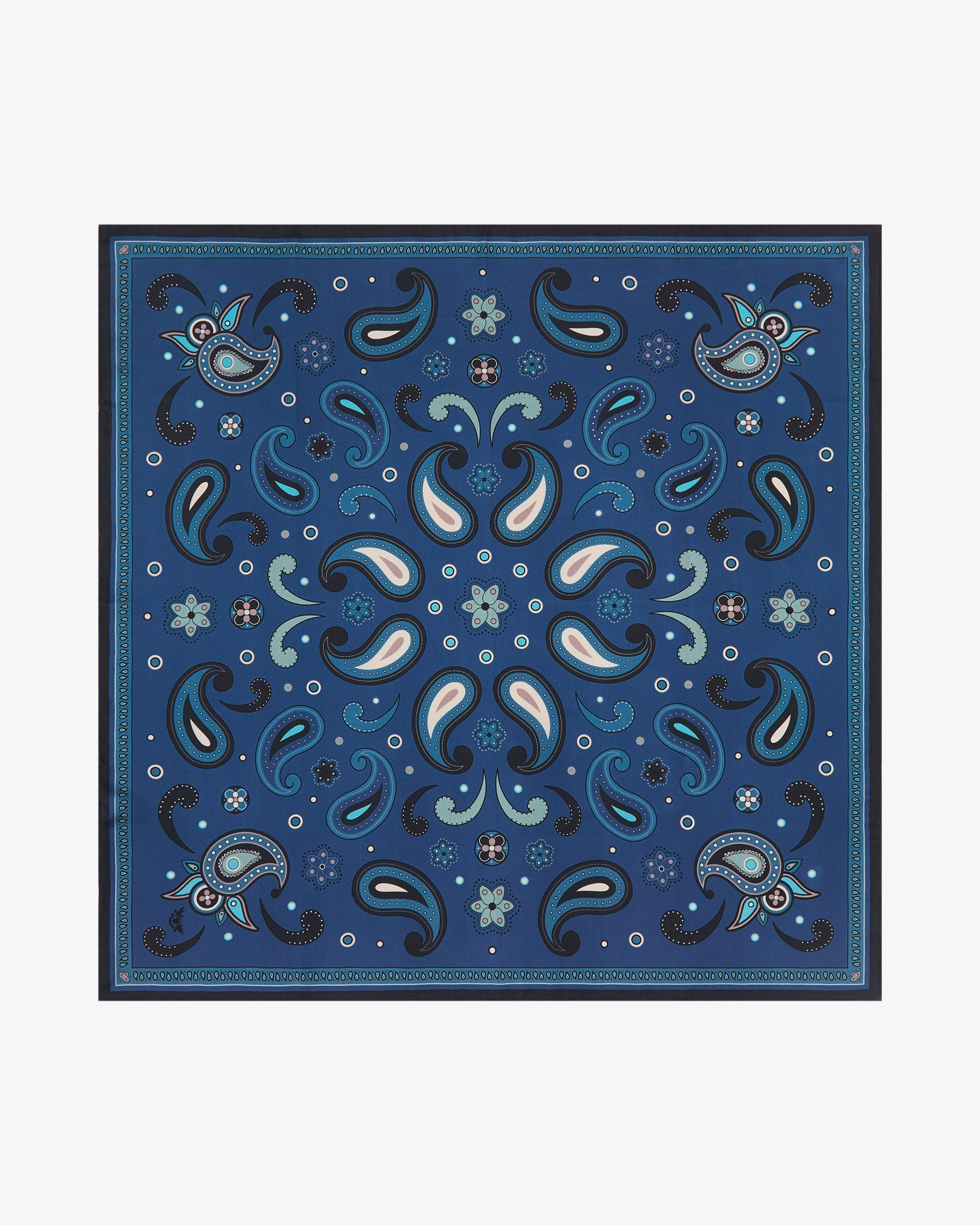 Fully unfolded 'Belgravia' silk neckerchief, clearly displaying an elegant paisley-inspired pattern on a soft cornflower blue background, framed by a decorative blue border and a deep navy outer border.