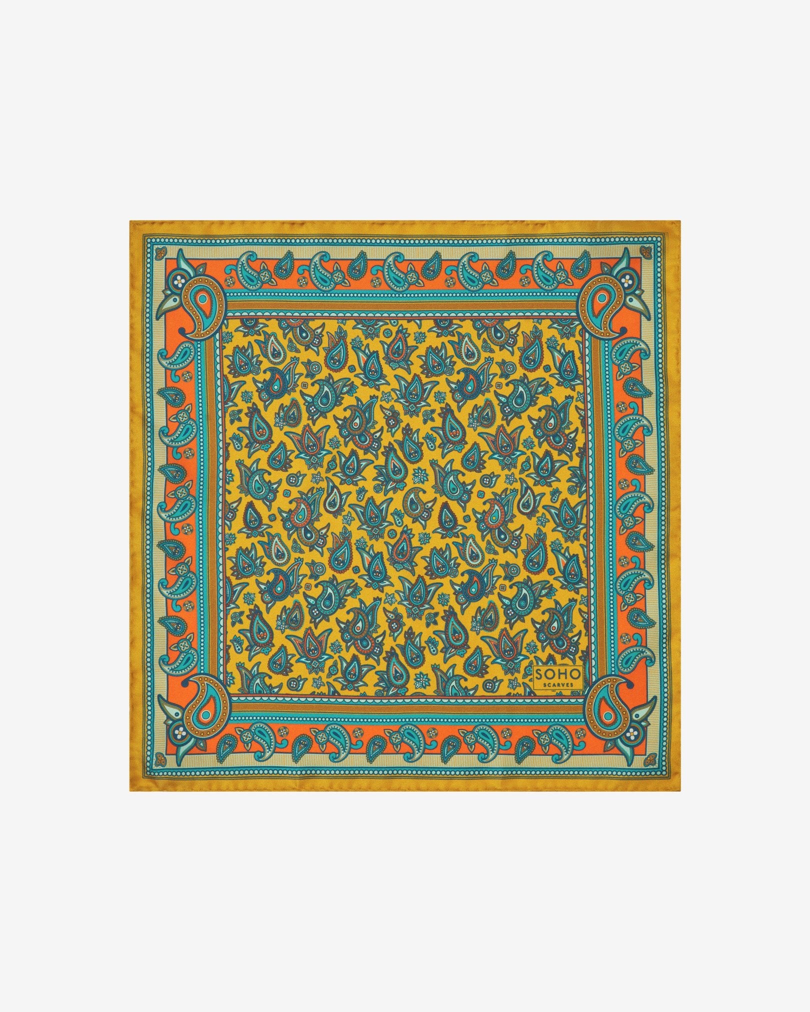 Fully unfolded 'Buttermere' silk pocket square, clearly displaying the blue, blue-green, orange, and yellow paisley patterns on an gold background, framed with an ornate border.