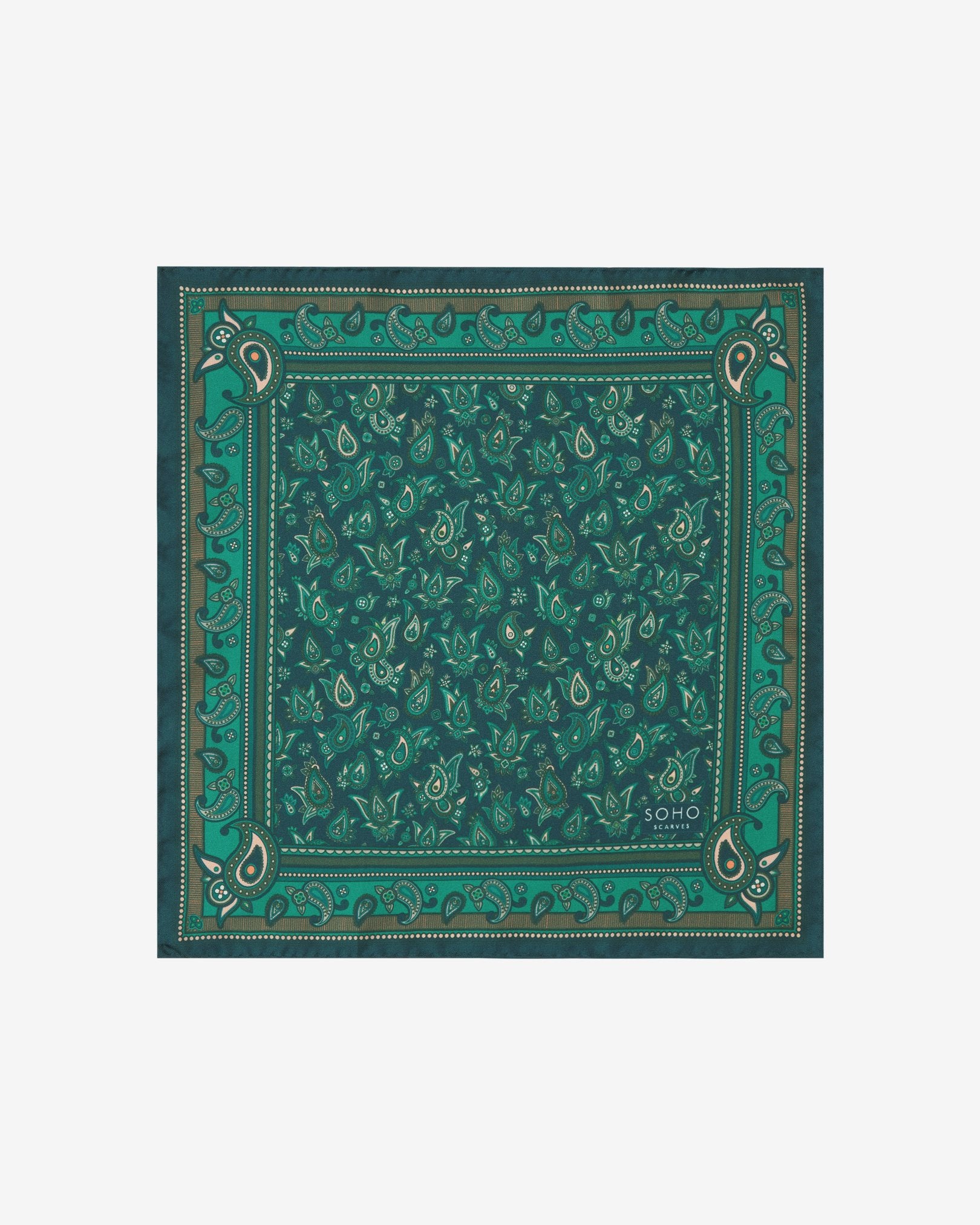 Fully unfolded 'Buttermere' silk pocket square, clearly displaying the green and salmon pink paisley patterns on an emerald green background, framed with an ornate border.