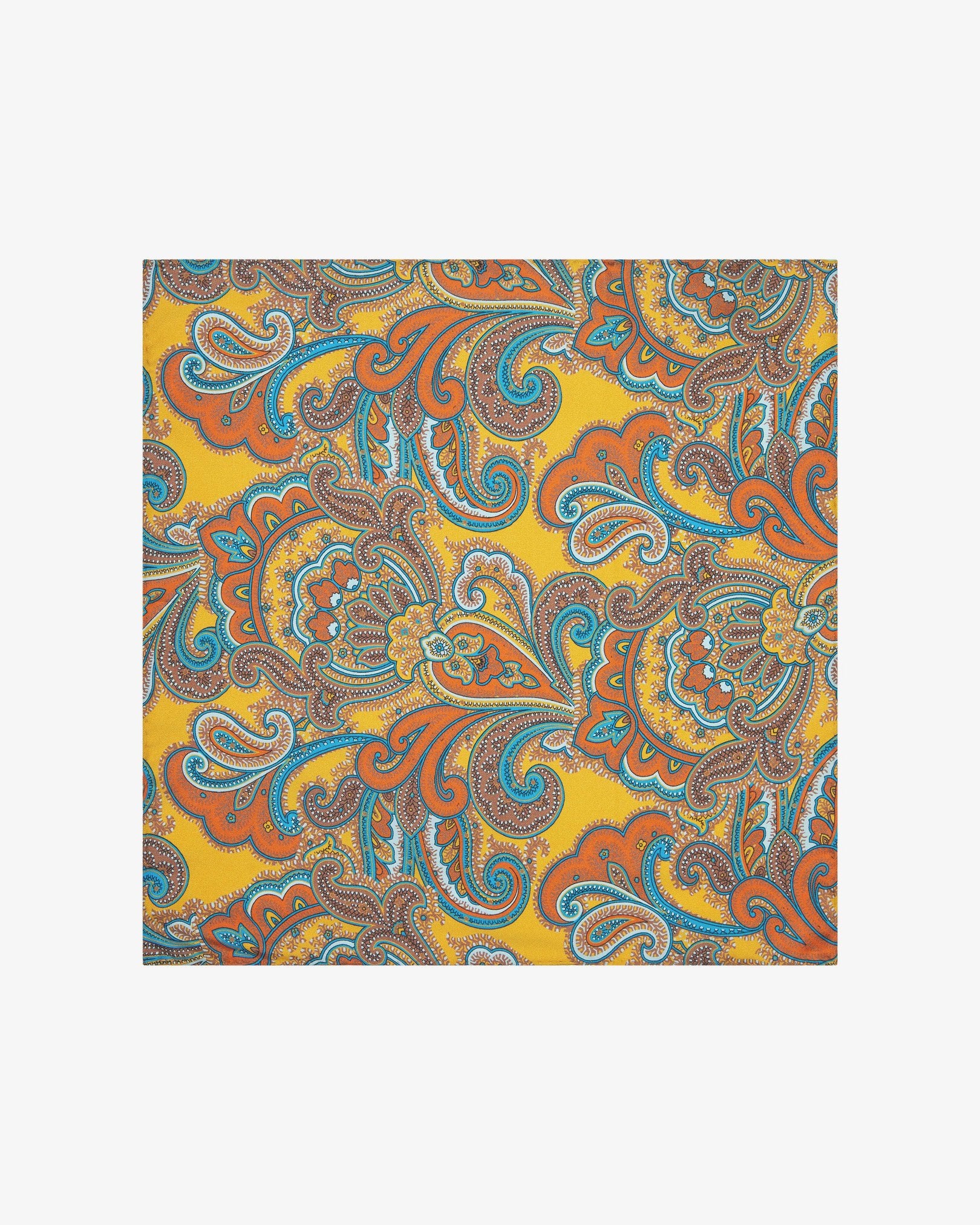 Fully unfolded 'Carnaby' silk pocket square, clearly displaying the deep orange, light blue and brown paisley patterns on a gold background.
