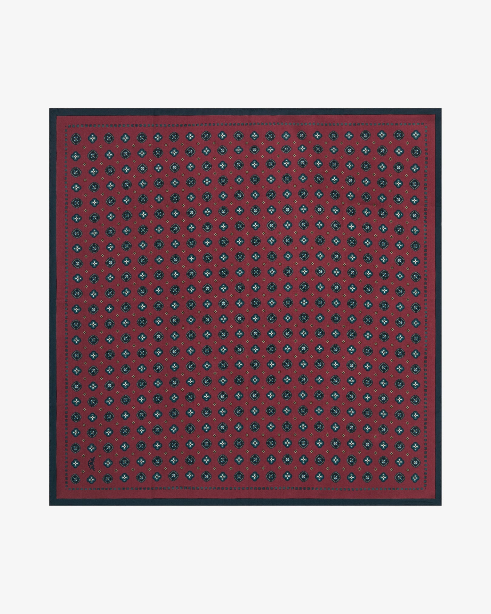 Fully unfolded 'Chelsea' silk neckerchief, clearly displaying a repeating geometric floral pattern on a rich berry background, framed by a fine teal inner border and a deep teal outer border.