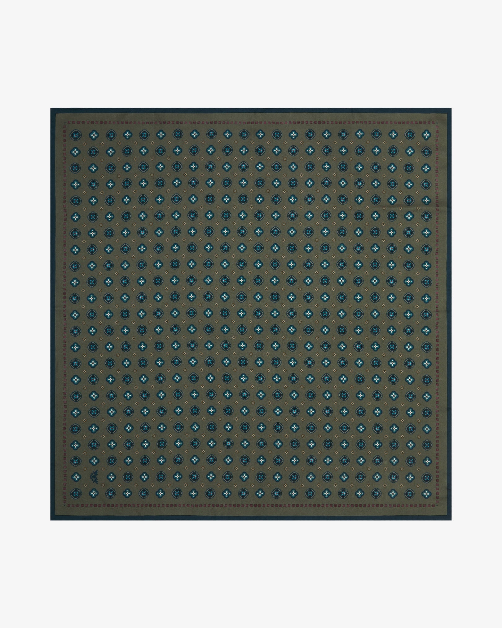 Fully unfolded 'Chelsea' silk neckerchief, clearly displaying a repeating geometric floral pattern on a rich olive background, framed by a fine berry-red inner border and a deep teal outer border.