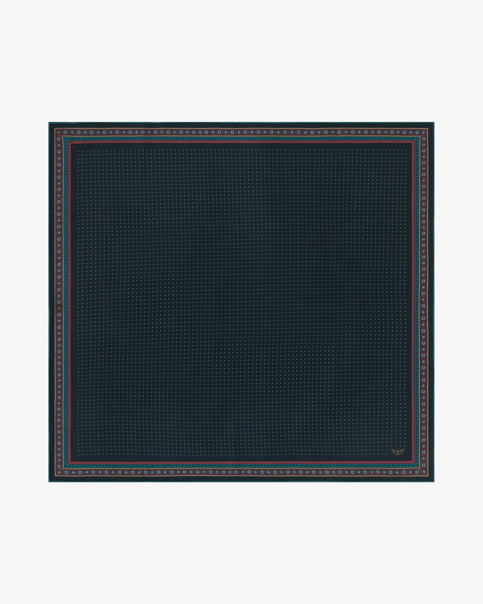 Fully unfolded 'Chiswick' silk neckerchief, clearly displaying a fine teal micro-dot diamond lattice on a deep midnight indigo background, framed by a slim berry-red inner line and an ornate geometric medallion border in teal with a clean outer edge.