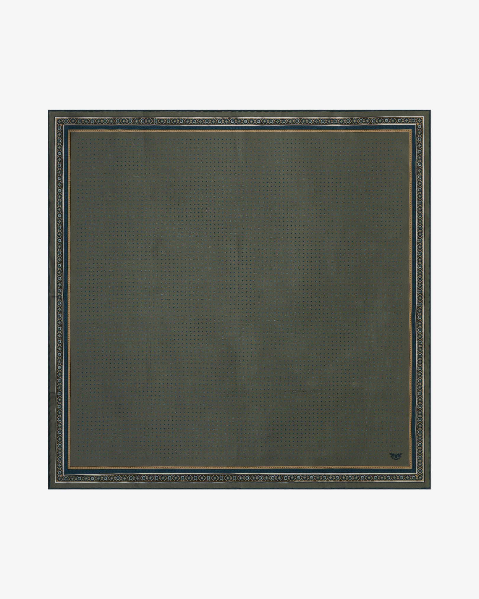 Fully unfolded 'Chiswick' silk neckerchief, clearly displaying a fine micro-dot lattice on a warm olive background, framed by a slim gold inner line and a deep navy geometric medallion border with a clean outer edge.