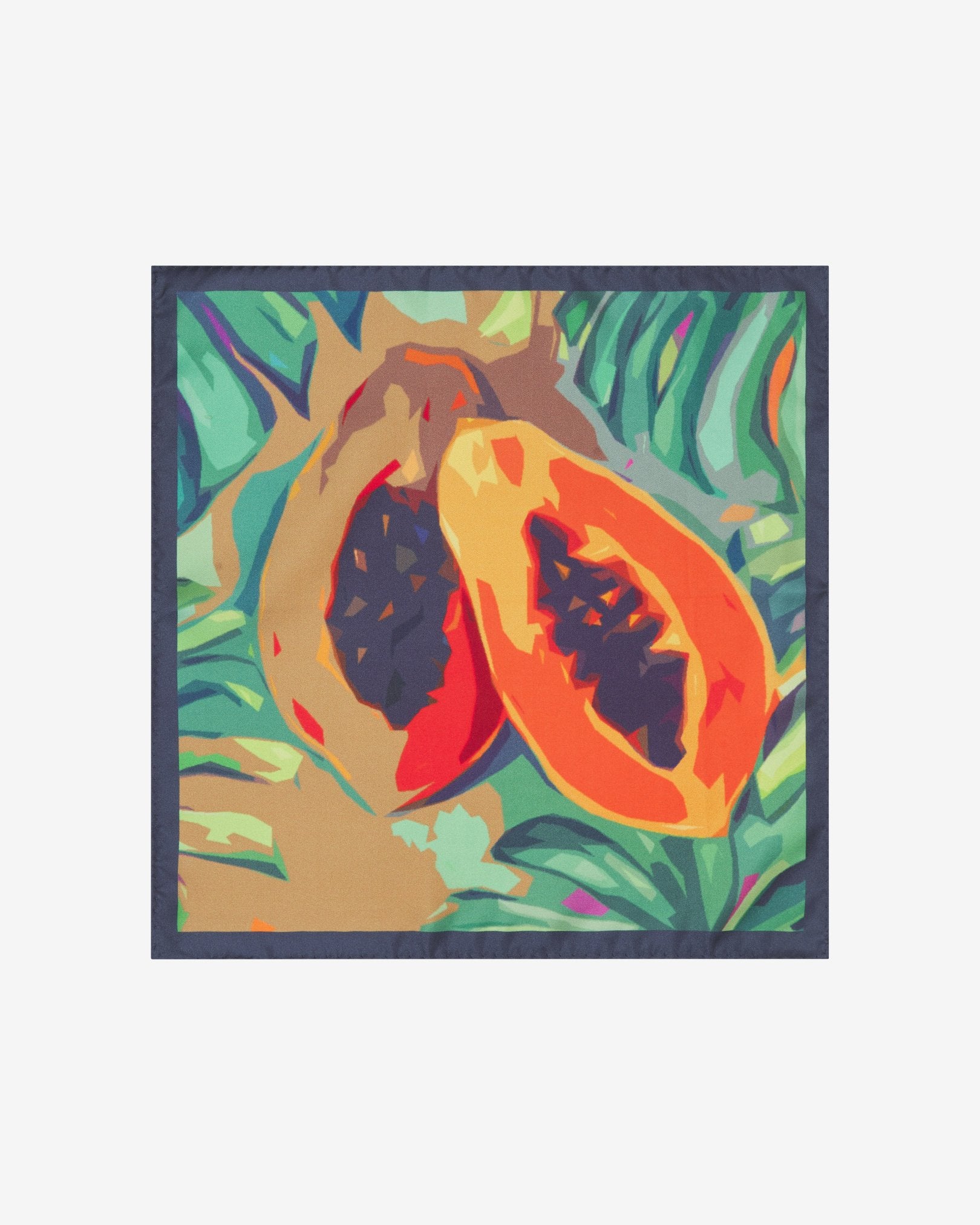 Fully unfolded 'Derwent' silk pocket square, showing the stylised tropical papaya motif, framed with a blue border.