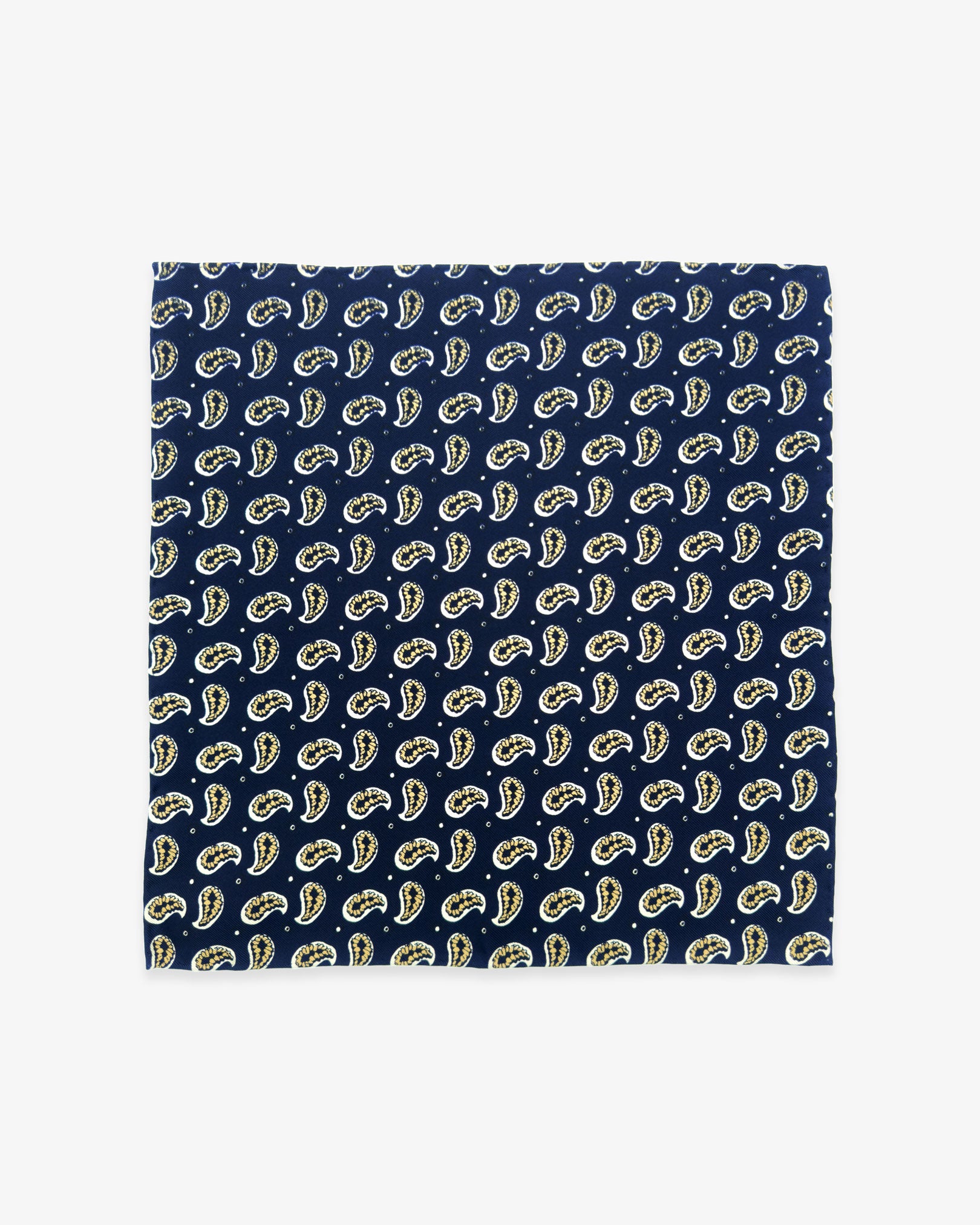 Fully unfolded 'Hadrian' English silk pocket square, showing the attractive linear paisley decoration against a navy blue background.