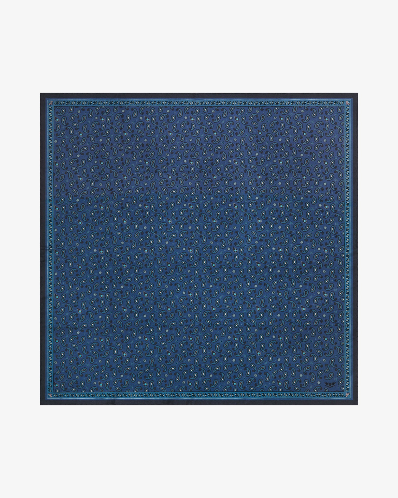 Fully unfolded 'Highbury' silk neckerchief, clearly displaying a delicate repeating paisley pattern on a soft cornflower blue background, framed by a sky blue decorative border and a charcoal outer border.