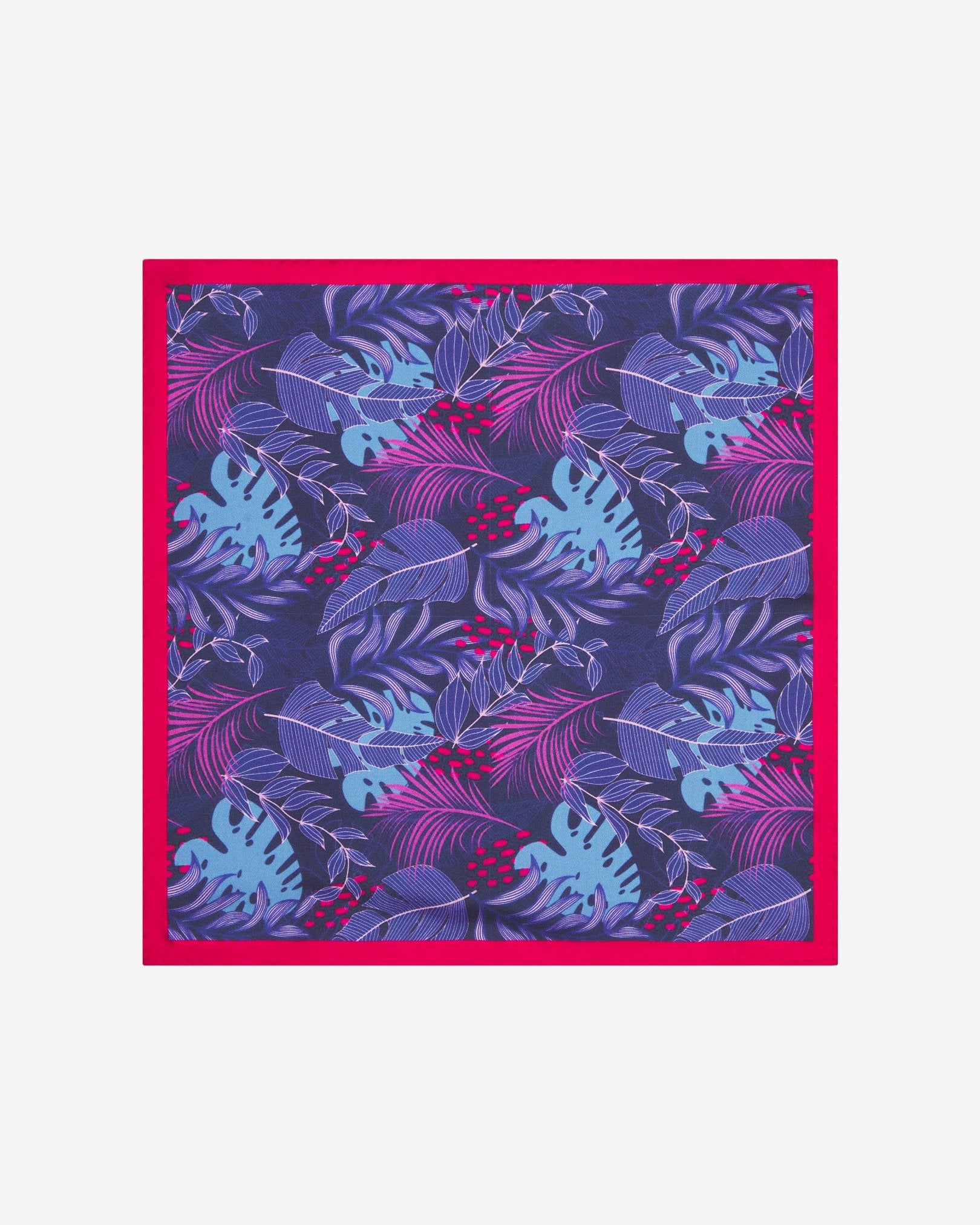 Fully unfolded 'Mersey' silk pocket square, showing the stylised leaf montage in purple, pink and blue on a dark blue background and bright red border.