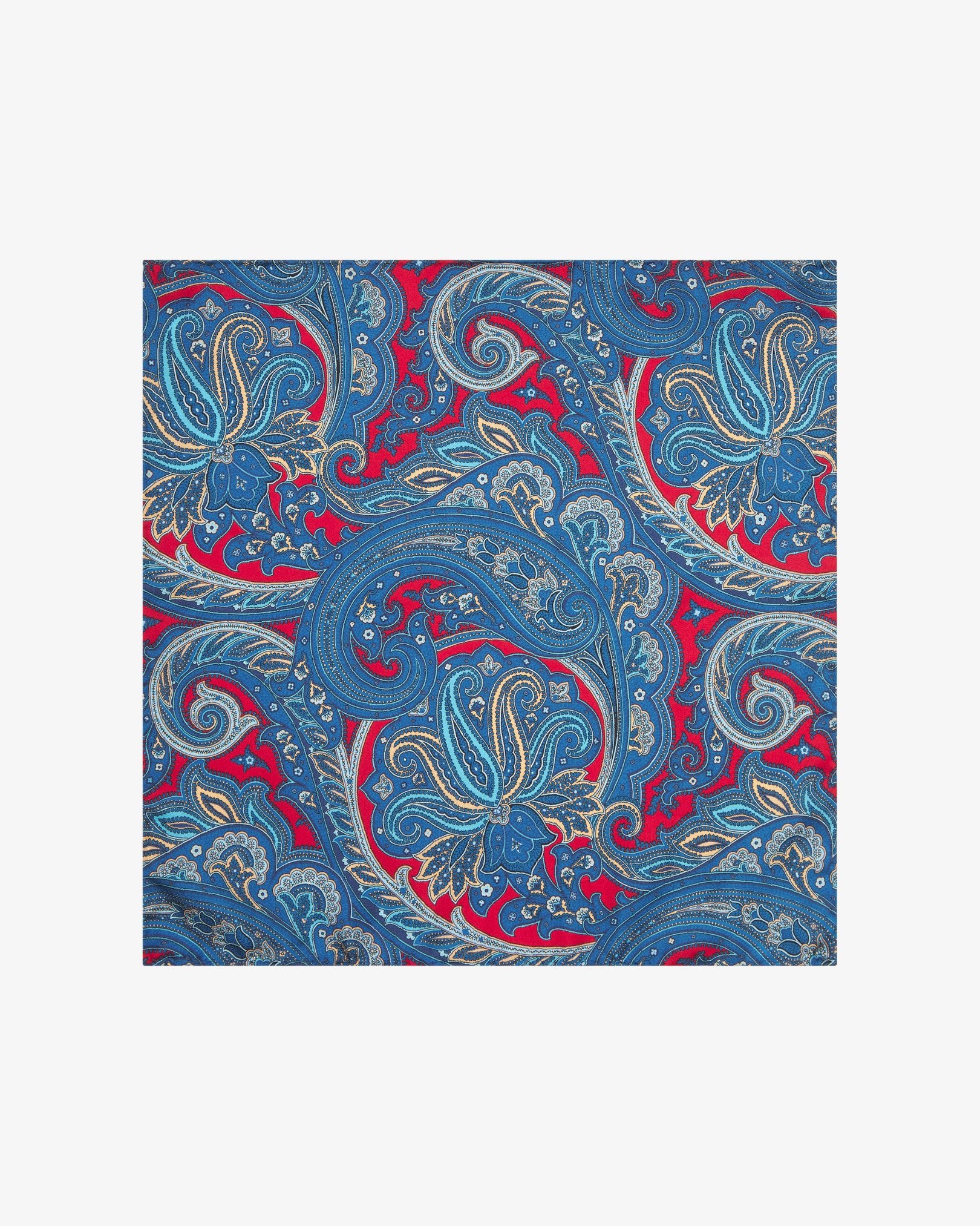 Fully unfolded 'Oxford' silk pocket square, showing the large and smaller paisley pattern and surrounding floral patterns on a deep red ground.