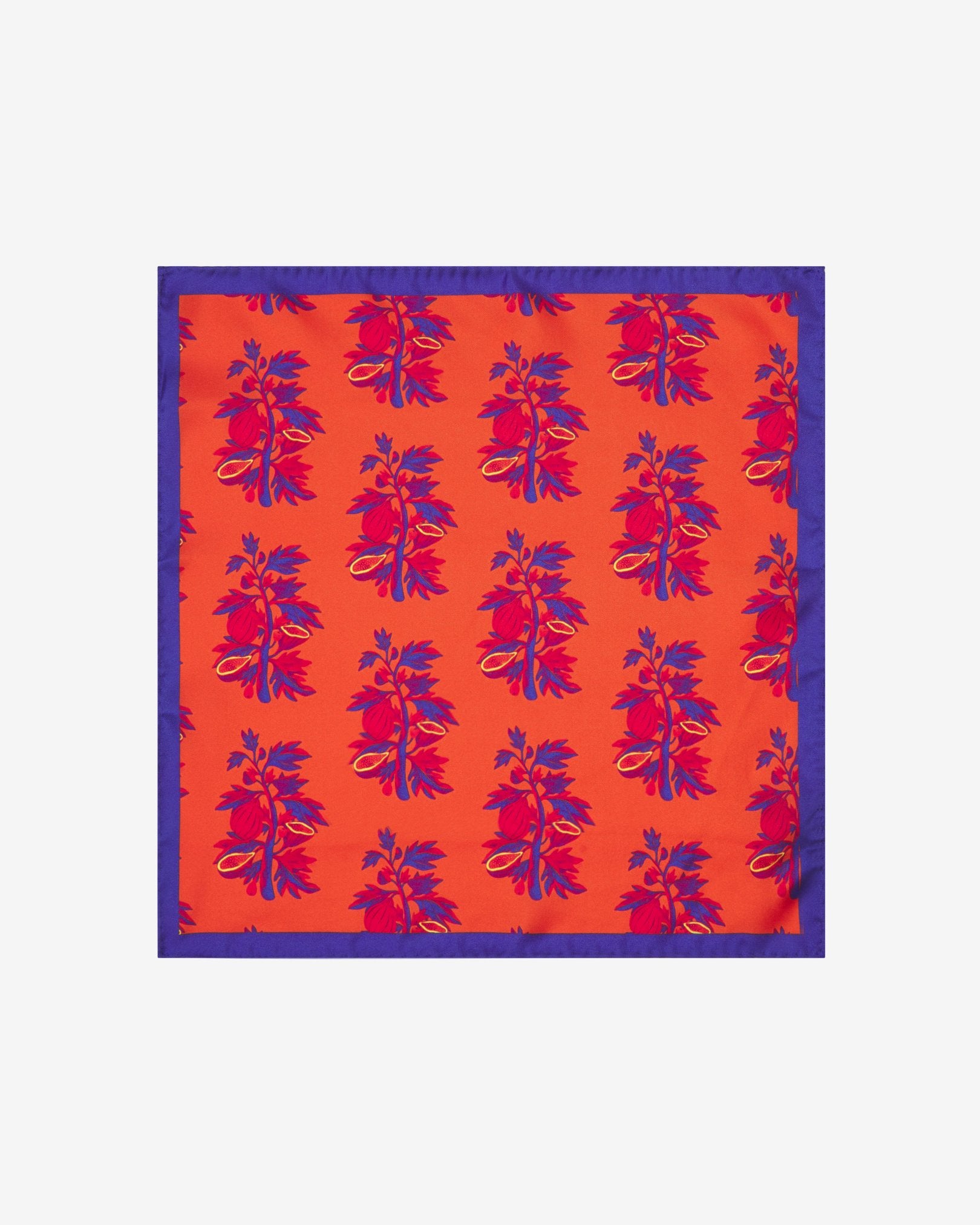 Fully unfolded 'Severn' silk pocket square, showing the repeat motif in purple and red on a striking reddish-orange background.