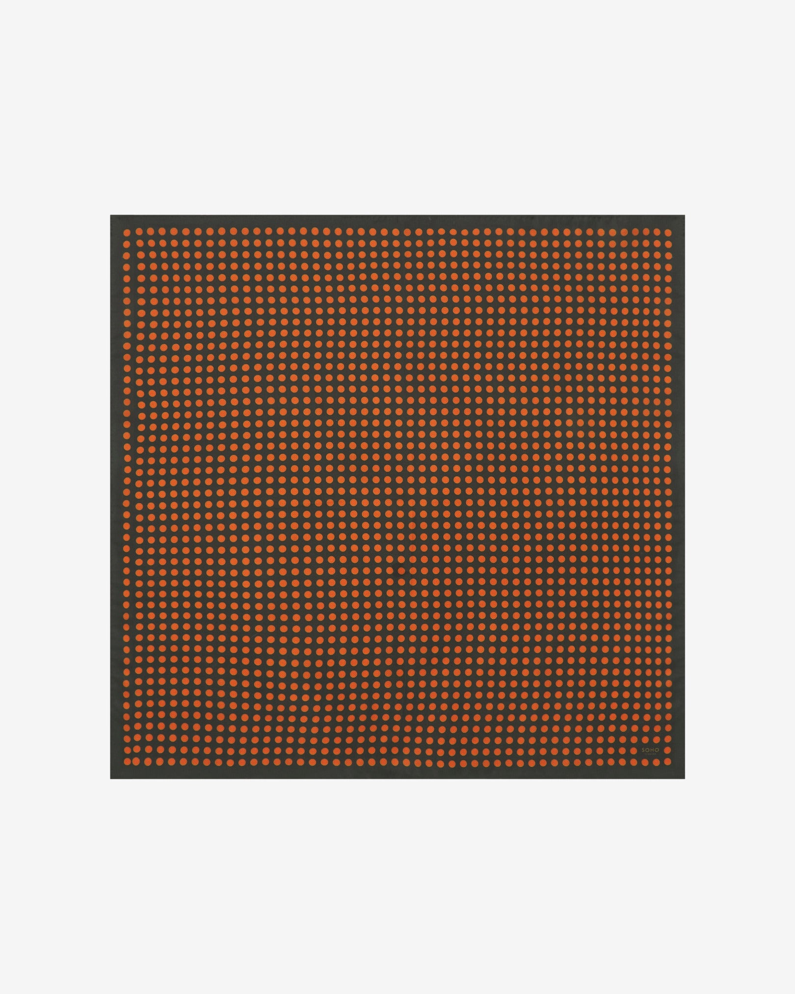 Fully unfolded 'Skytree Olive' silk neckerchief, clearly displaying the geometric dots of orange and lime against an olive-grey background, framed with a matching border.