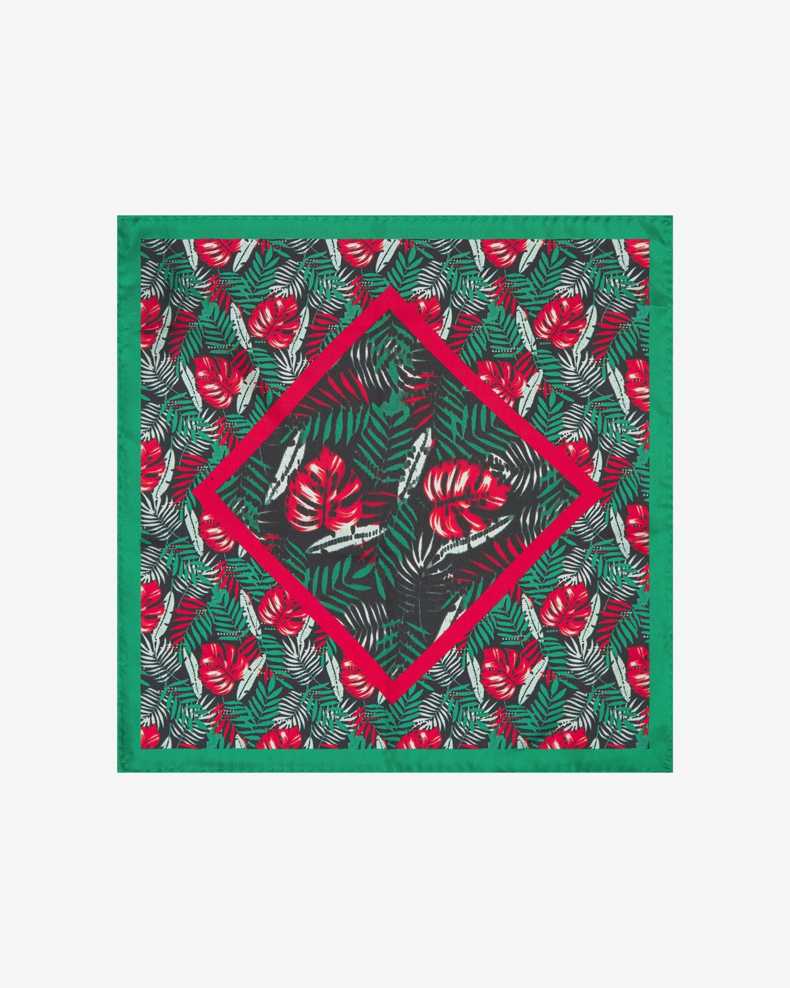 Fully unfolded 'Swayle' silk pocket square, showing the green, red and white leaf pattern and green border.