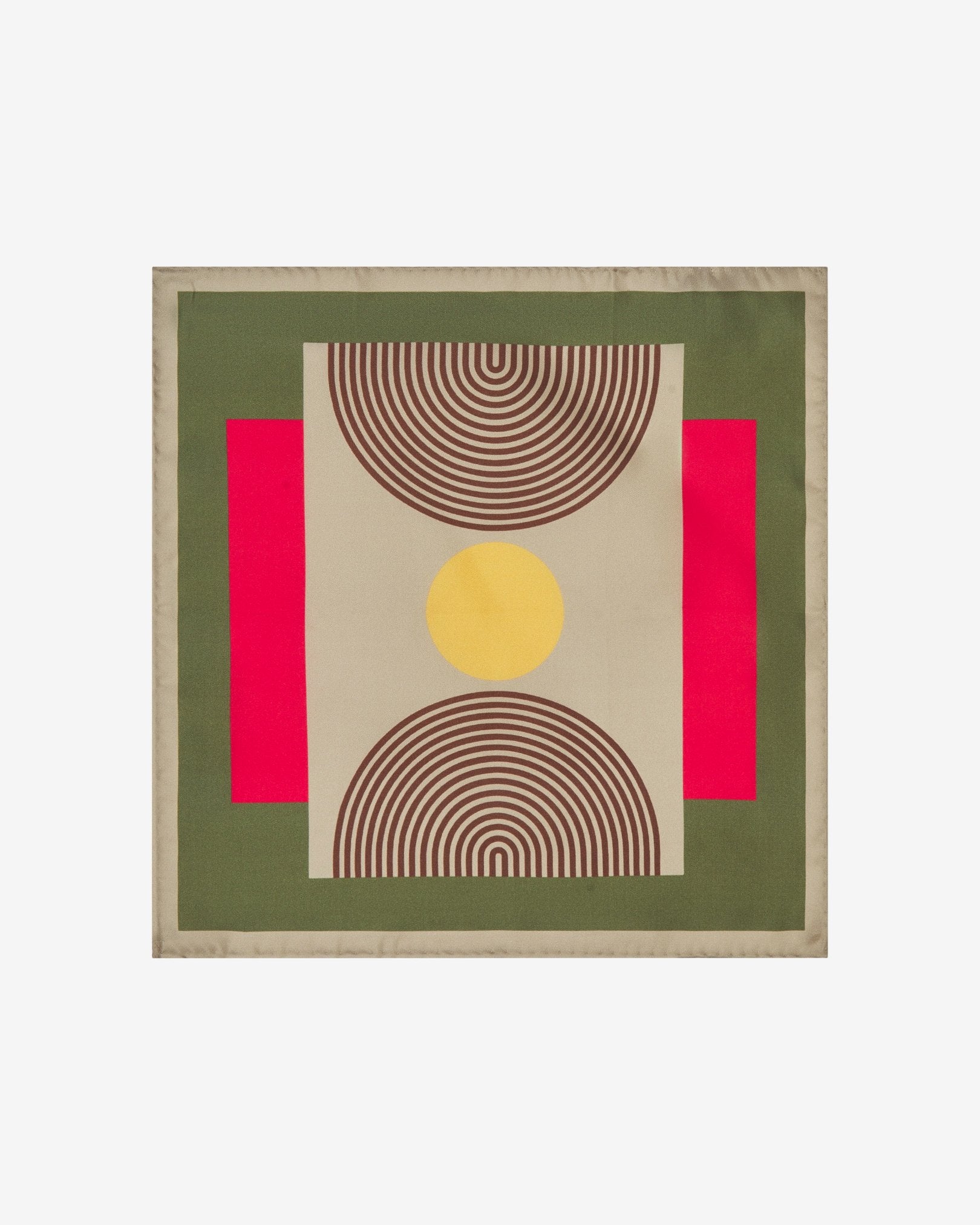 Fully unfolded 'Tay' silk pocket square, showing the geometric patterns in red, brown and yellow, set on a green background and framed with a cream-coloured border.