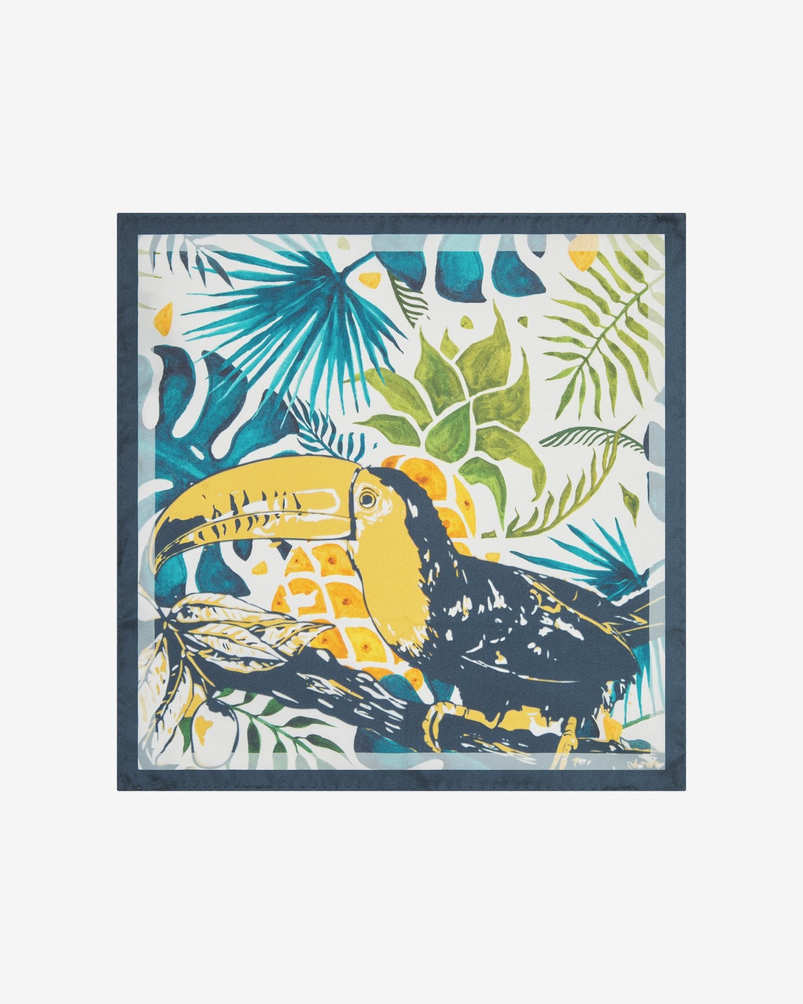 Fully unfolded 'Tees' silk pocket square, showing the stylised toucan bird motif against a tropical backdrop, framed with a blue border.