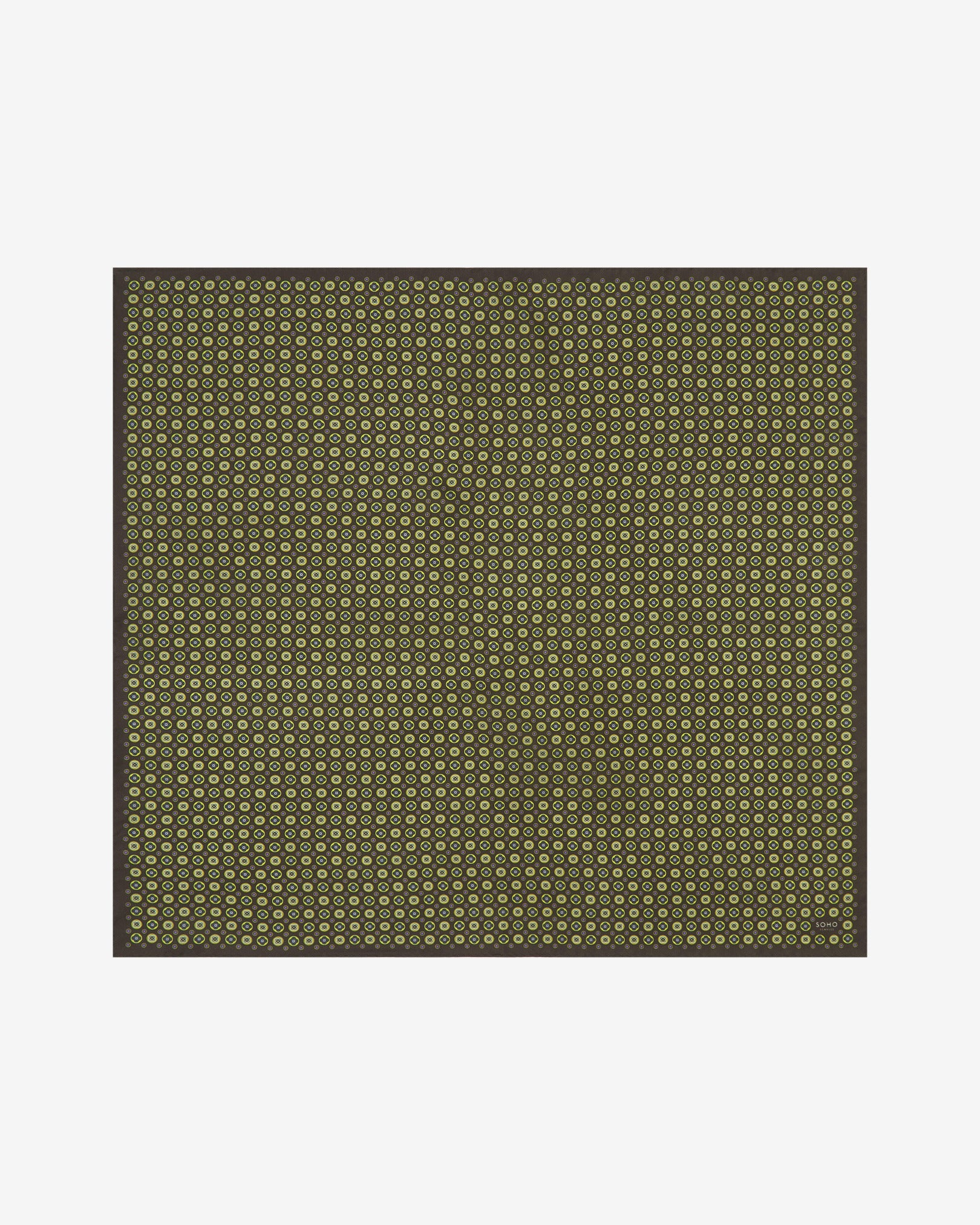 Fully unfolded 'Toshima Green' silk neckerchief, clearly displaying the purple, grey, and lime floral patterns on a greenish-brown background, framed with a narrow, charcoal grey border.