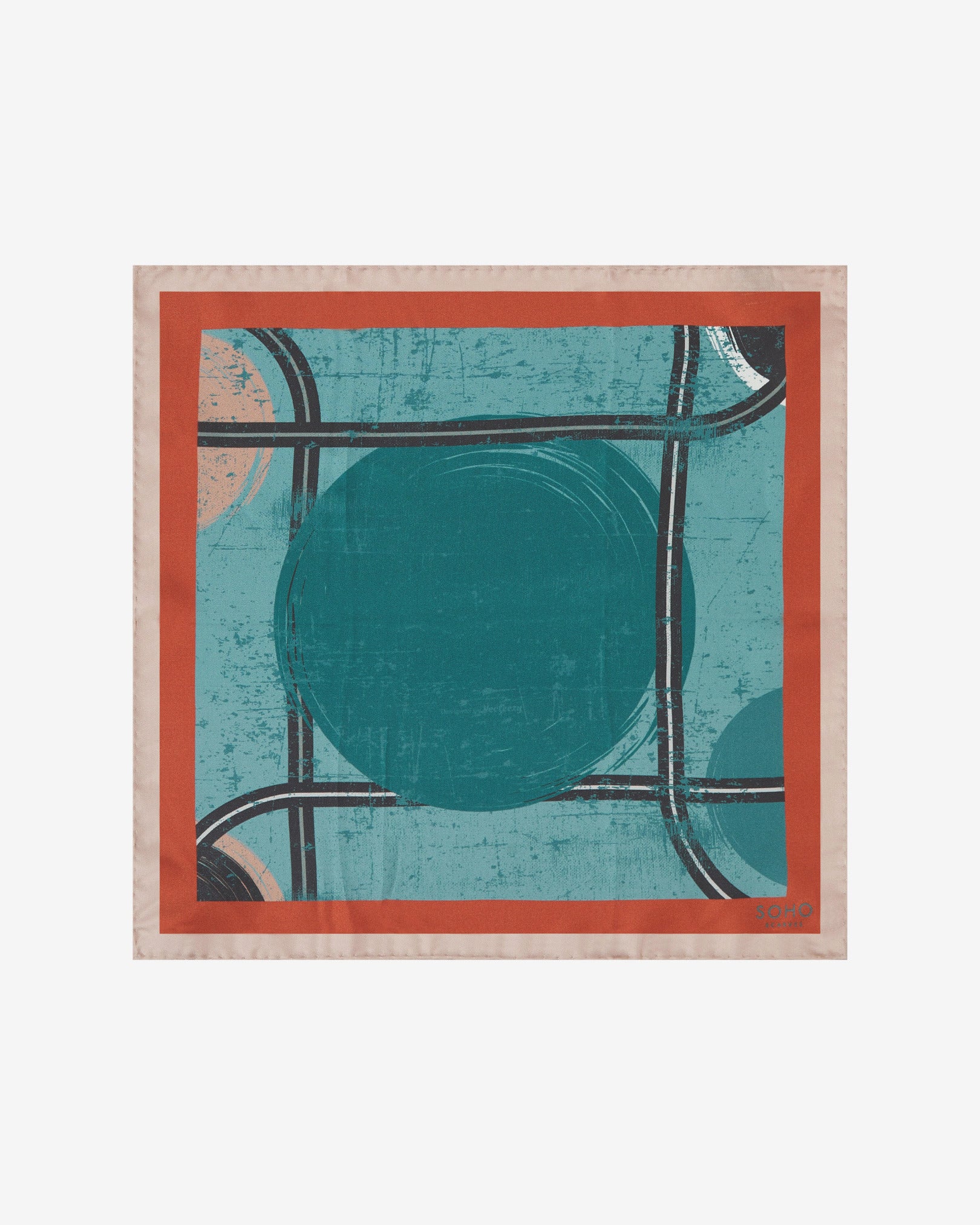 Fully unfolded 'Trent' silk pocket square, showing the geometric pattern in blue-green, peach and charcoal and the orange and peach-coloured border.