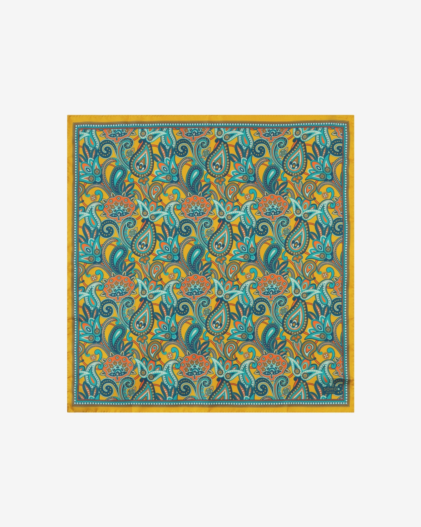 Fully unfolded 'Windermere' silk neckerchief, clearly displaying the blue, blue-green, orange, and yellow paisley patterns on an gold background, framed with a golden border.