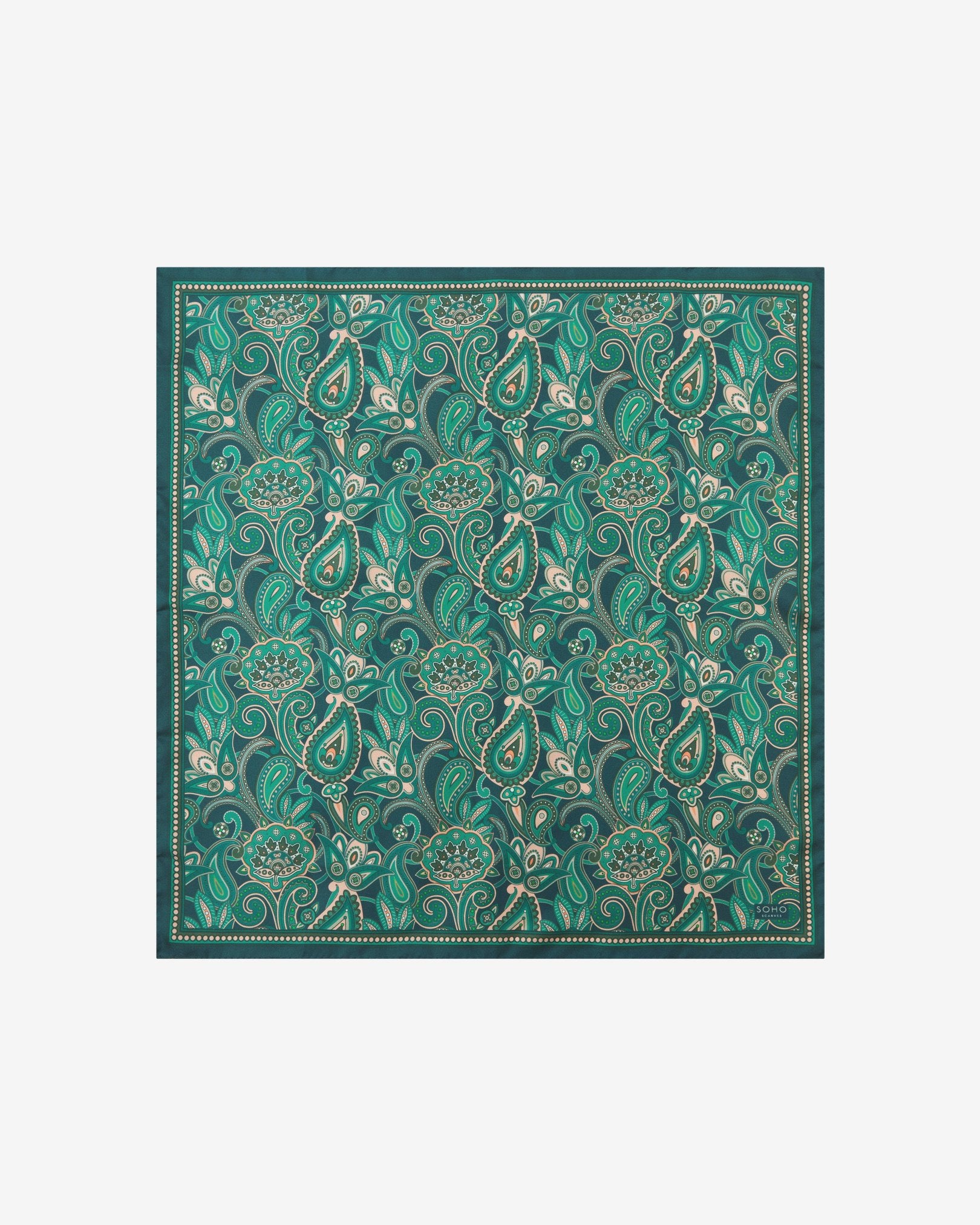 Fully unfolded 'Windermere' silk neckerchief, clearly displaying the green and salmon pink paisley patterns on an emerald green background, framed with a dark green border.