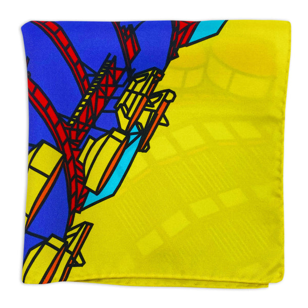 Yellow version of the BT Tower multicoloured pattern pocket square folded and arranged in a square shape showing a close-up of the tower motif and yellow background.