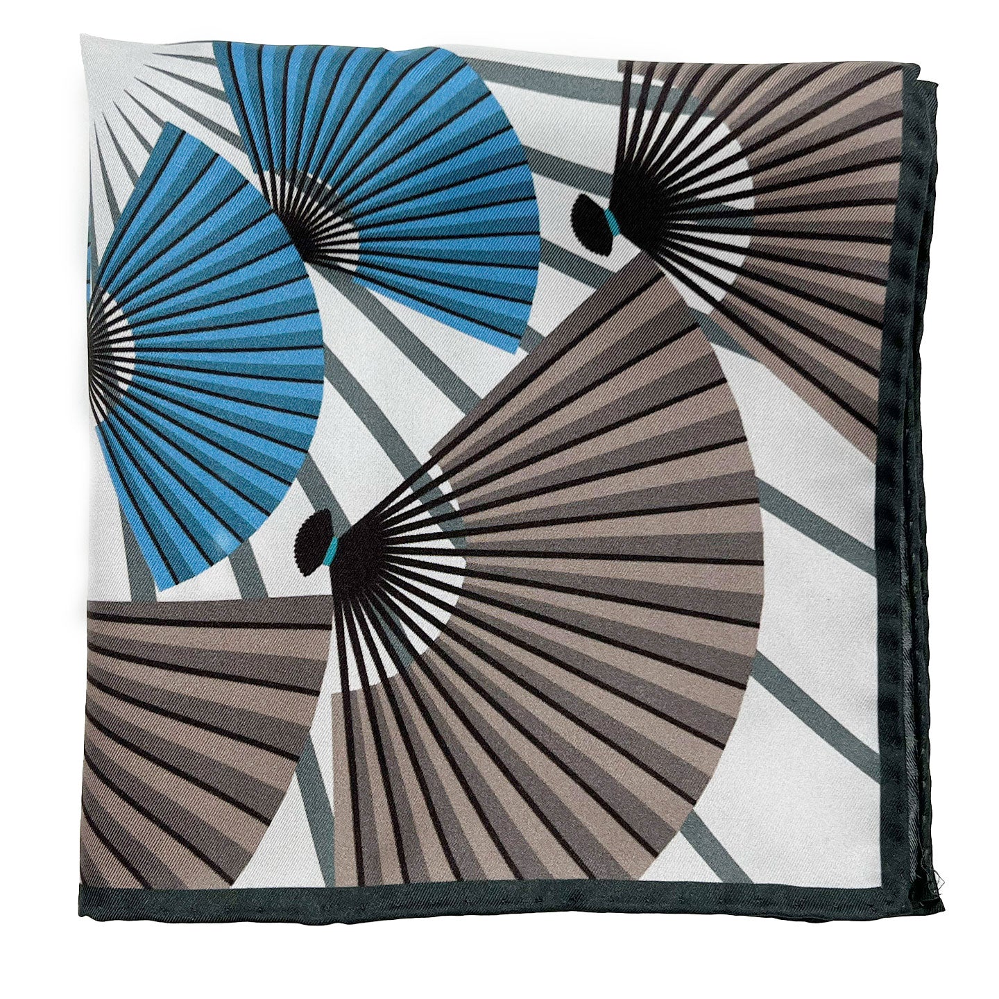 Folded Japanese fan motif pocket square in pure silk on a white background.