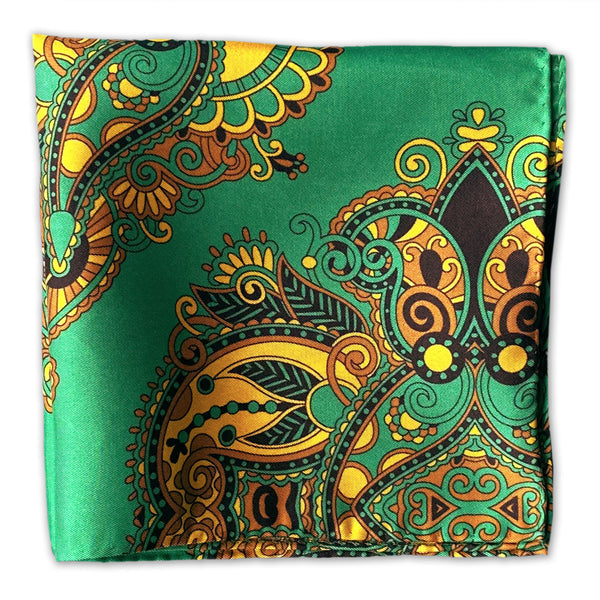 Flat view of the 'Forks' large paisley-esque patterned silk pocket square presenting a closer view of the large gold and black stylised paisley-inspired patterns.