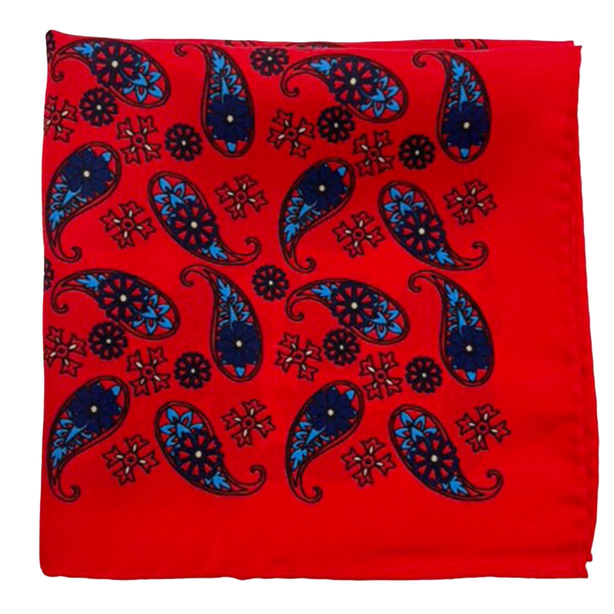 Pure silk 'Casablanca' pocket square folded into a quarter, showing blue paisley 'tears' interdispersed with decorative floral patterns on a vibrant red ground.
