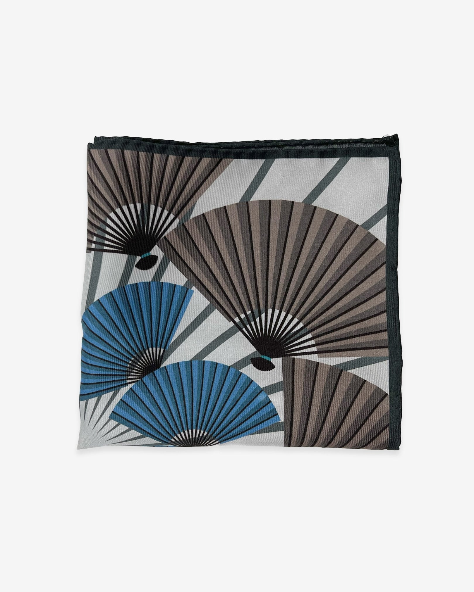 Folded Japanese fan motif pocket square in pure silk on a white background.