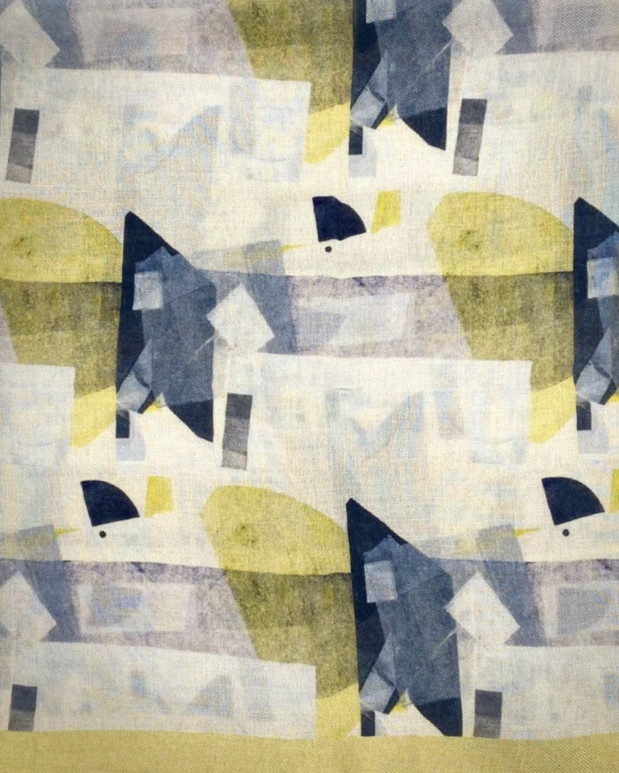 A flat, folded view of 'The Nevada' bandana. The pattern shows the abstract angular and curved shapes in various cream and blue-grey tones, neatly framed with a muted yellow background.