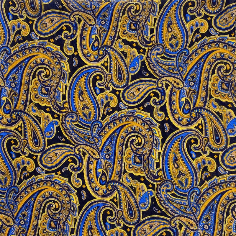 A flat, folded view of 'The Ormond' bandana. Clearly showing the intricate paisley patterns in blue, yellow and gold on a black background.