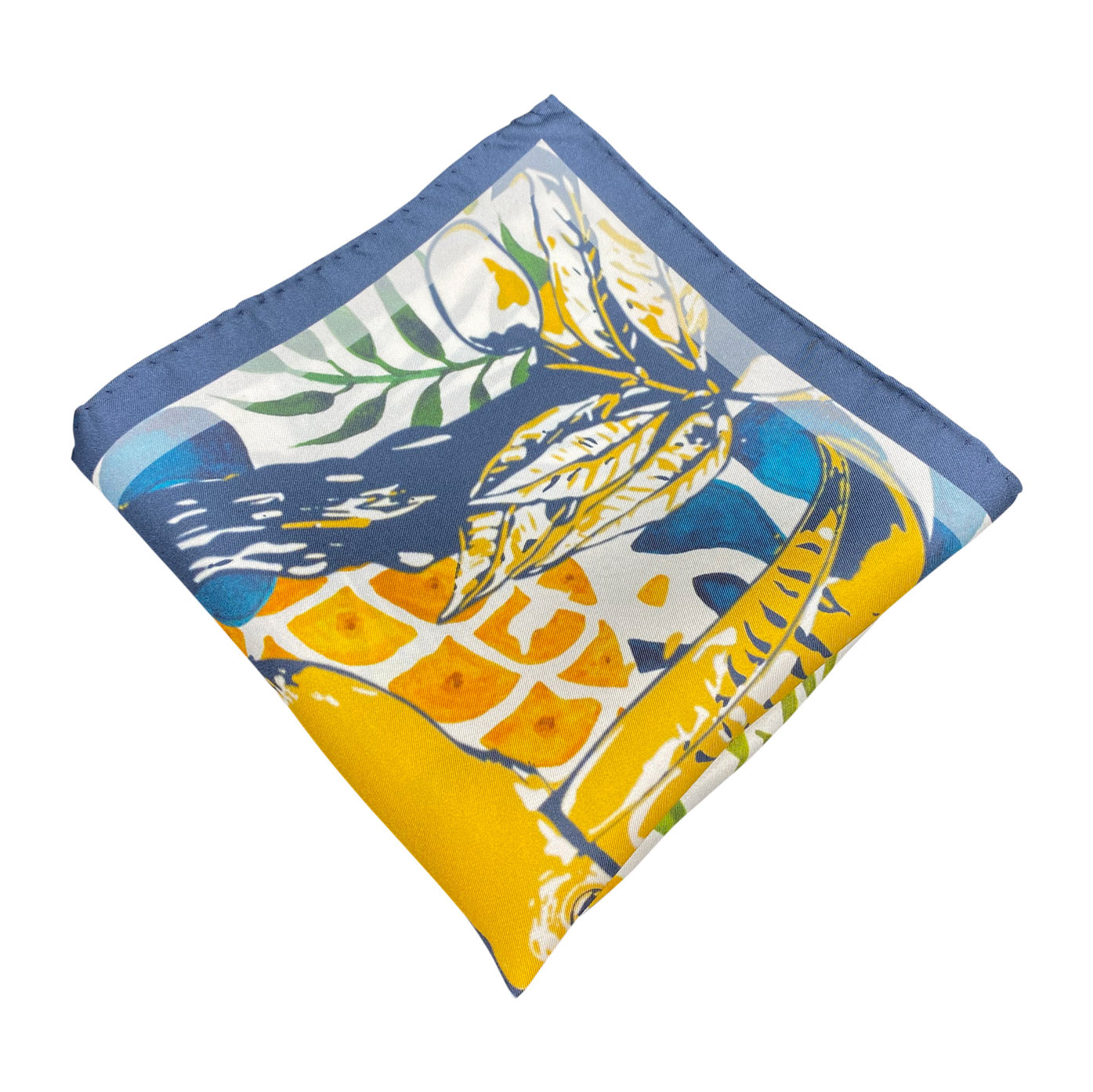 Folded 'Tees' silk pocket square from SOHO Scarves, showing the tropical silk screen pattern. Placed on a light background.