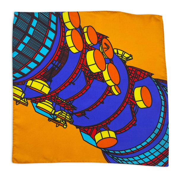 Completely unfolded silk pocket square showing the entirity of the BT Tower multicoloured pattern on a mustard background.