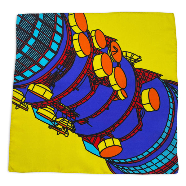 Completely unfolded silk pocket square showing the entirity of the BT Tower multicoloured pattern on a yellow background.