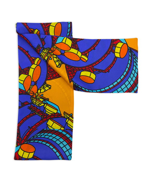 Orange version of the BT Tower multicoloured pattern scarf arranged in a rectangular shape and folded inwards to create an 'r' shape, clearly showing the tower motif.