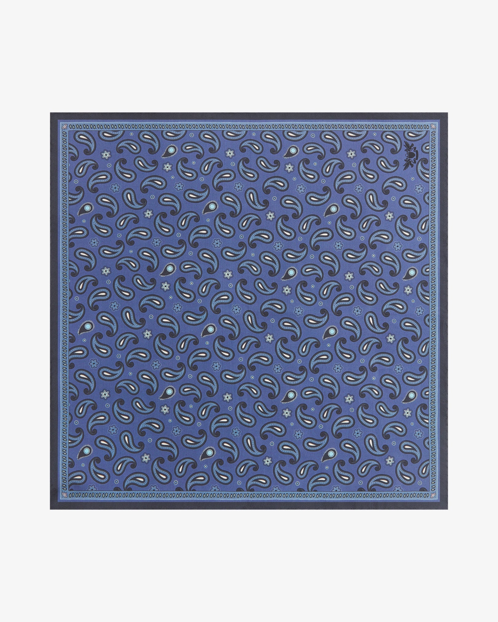 Fully unfolded 'Highbury' silk pocket square, clearly displaying an all-over scattered paisley pattern in navy, slate and white on a rich cobalt-blue ground, framed by a fine repeating navy paisley border.