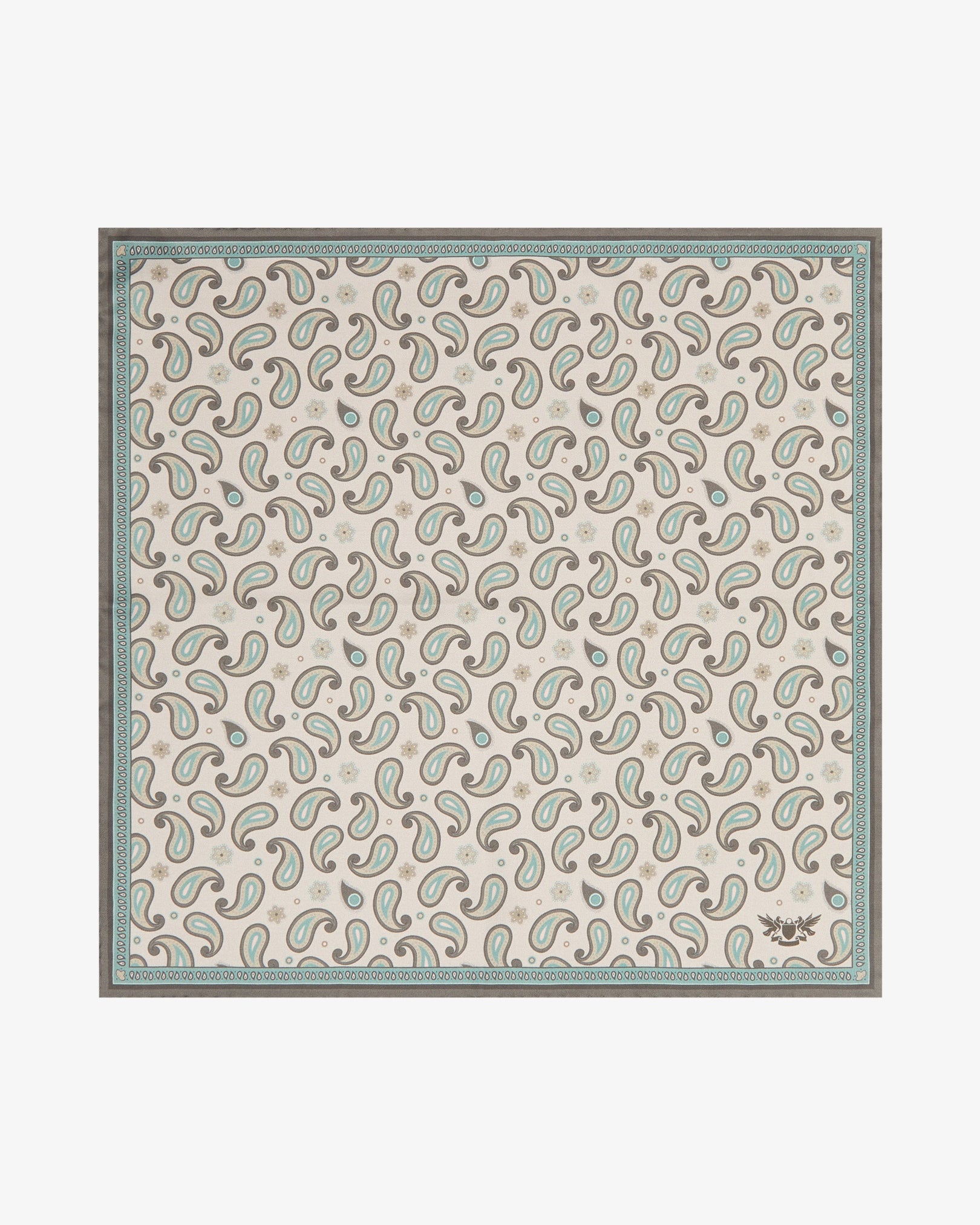 Fully unfolded 'Highbury' silk pocket square, clearly displaying an all-over scattered paisley pattern in taupe, olive and teal on a warm stone-cream ground, framed by a fine dark taupe repeating border.