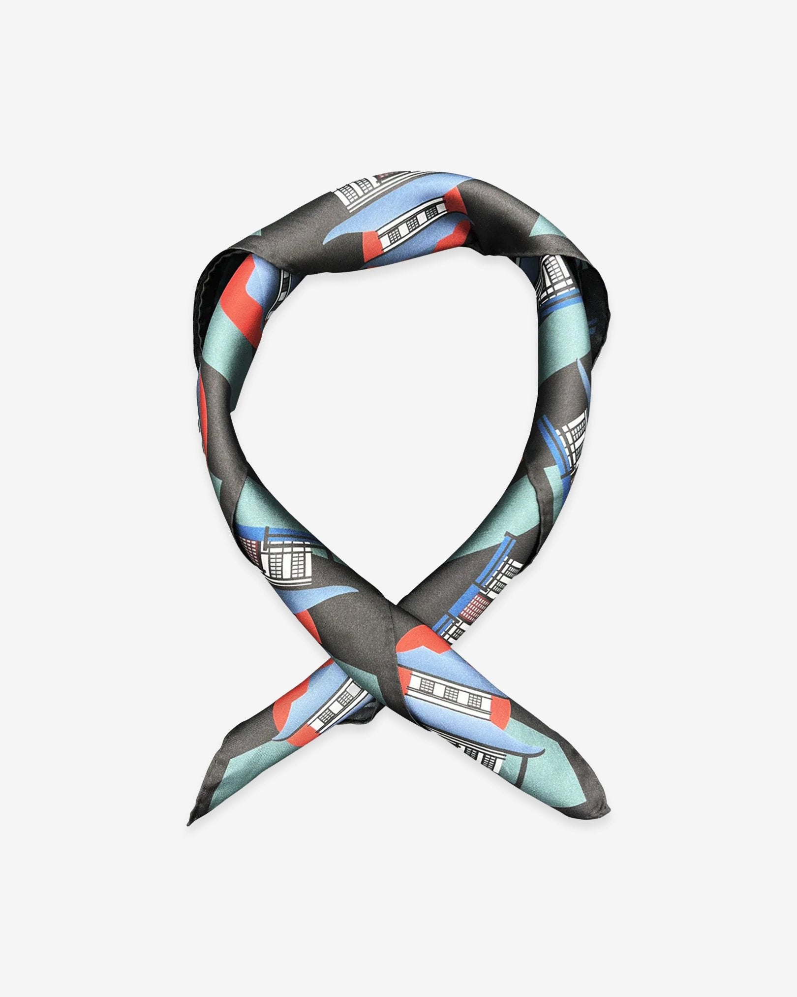 'The House' neckerchief twisted and curled into a loop on a white background.