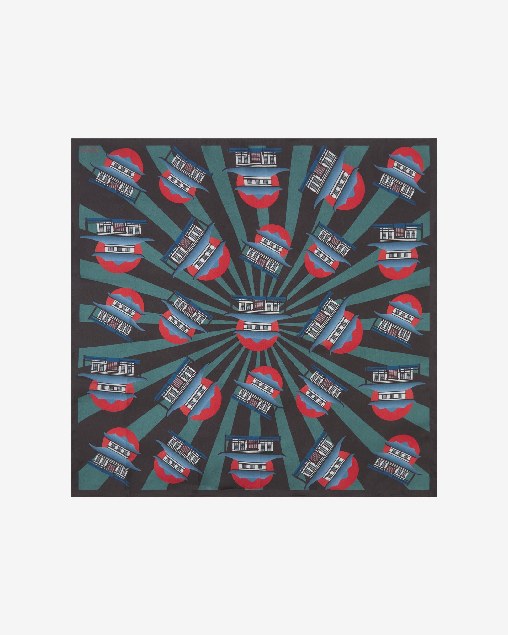 Unfolded 'House' silk neckerchief, showing the full Japanese multiple house motif in green, blue and red on a black background