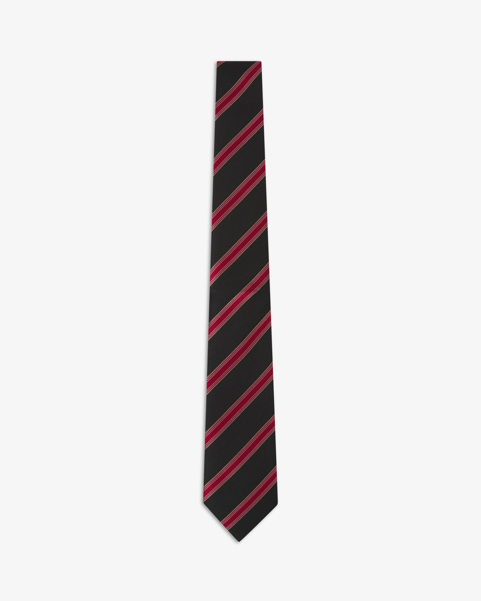 Full-length view of 'Hutcherson  Good Fortune' silk neck tie with diagonal red bands on a black ground with pink and gold accents.