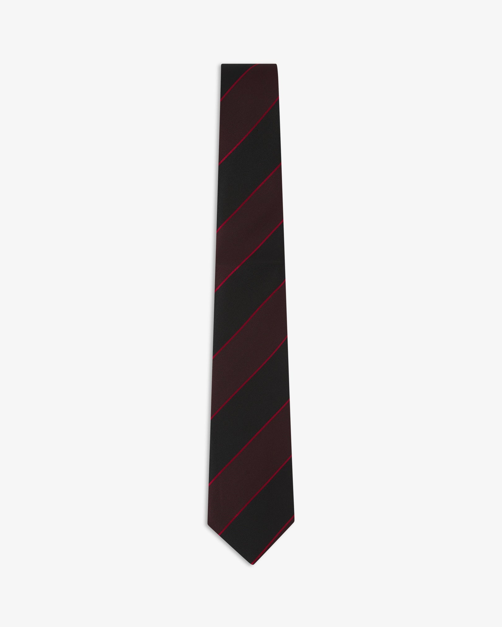 Full-length view of 'Jarrett Good Fortune' silk neck tie with maroon and black bands with fine red highlights.