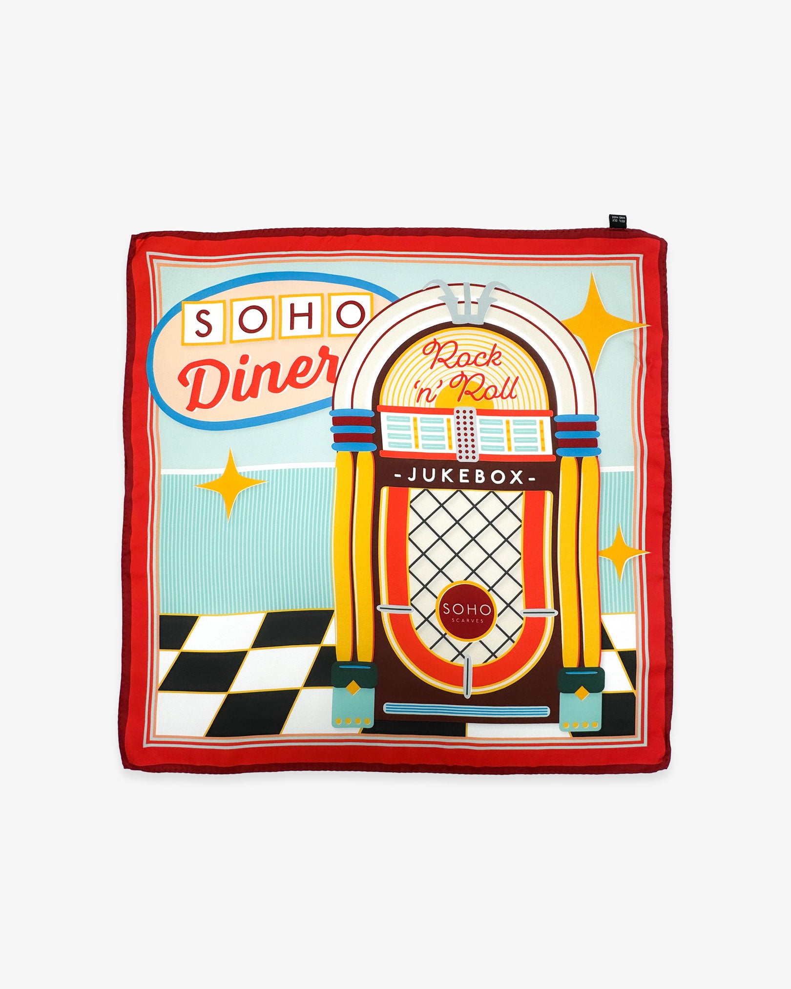 Fully unfolded 'Jukebox 2' silk headscarf, showing the 1950's jukebox, chequered floor and retro 'SOHO Diner' signage design using a classic 1950's colour palette.