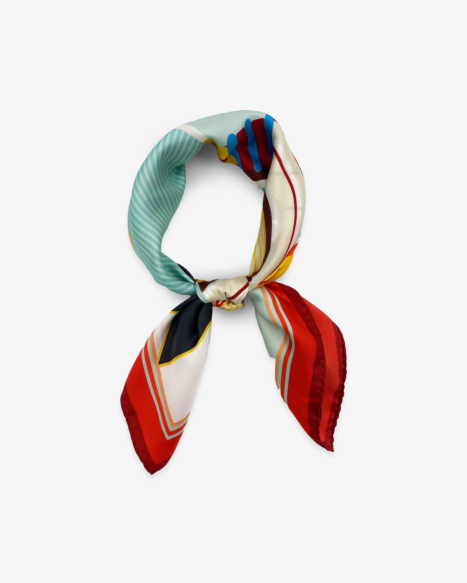 The 'Jukebox 2' silk pocket square from SOHO Scarves knotted and looped against a white background.