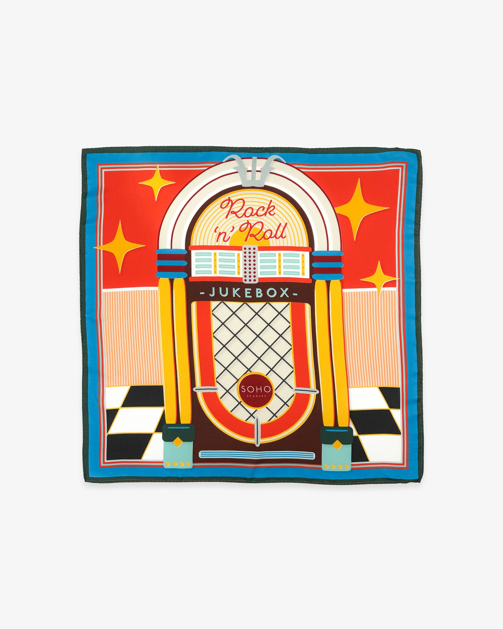 Fully unfolded 'Jukebox' silk pocket square, showing the 1950's jukebox and chequered floor appplying a classic 1950's colour palette.
