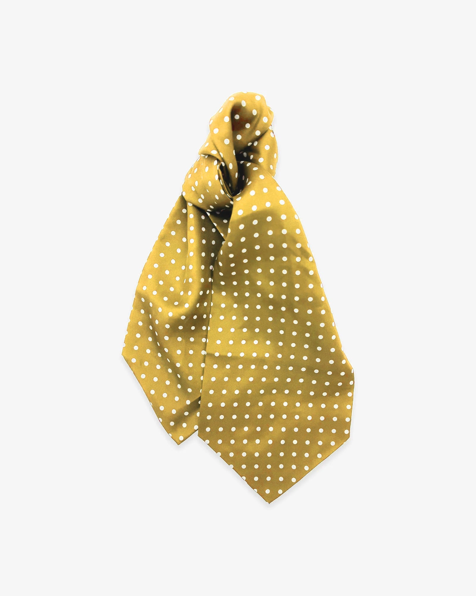 Full view of 'Denman' double Ascot tie with wide ends at the bottom and clear view of the white polka dots on a gold background.