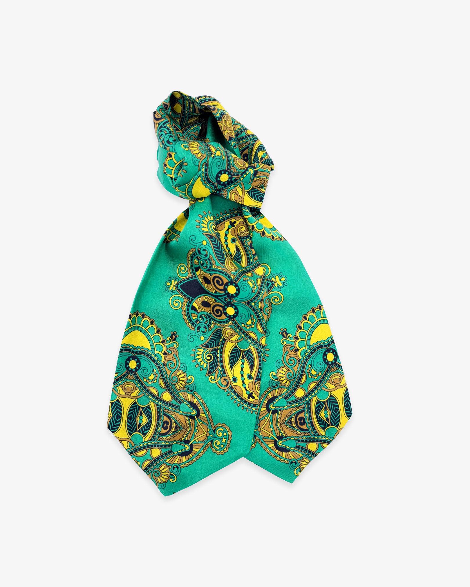 The Forks double Ascot tie with wide ends at the bottom and clear view of the gold paisley-Fleur de Lis patterns on a vibrant green background.