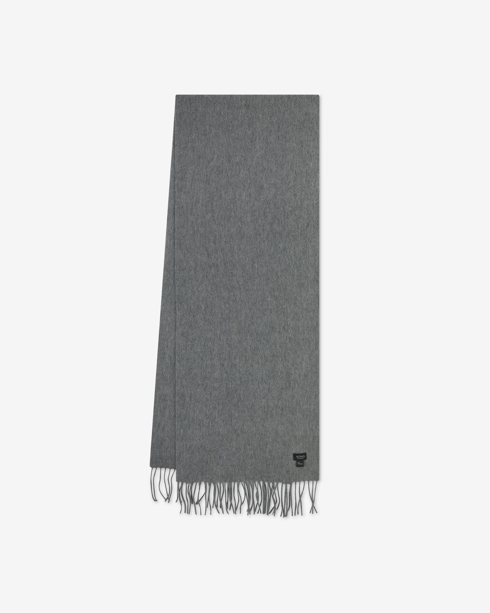 Vertical view of light-grey cashmere scarf and fringe with single fold.