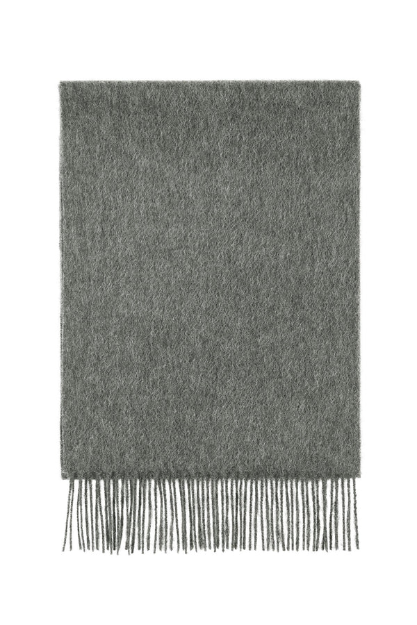 Full view of both scarf and fringe in light-grey cashmere.